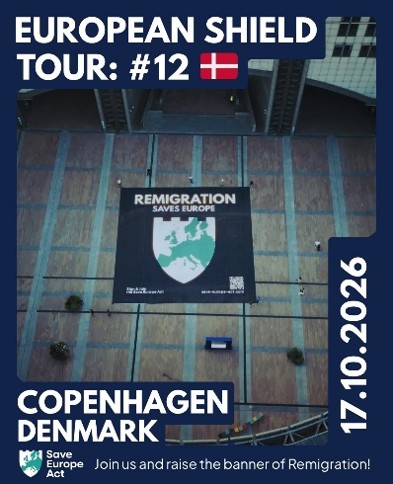 Large banner on plaza, European Shield Tour event.